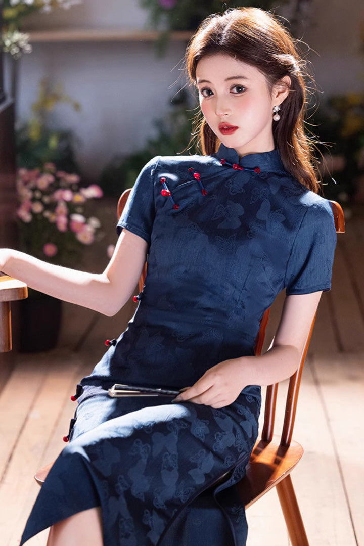 Denim Blue Jacquard Midi Cheongsam Dress | Slim Mandarin Collar