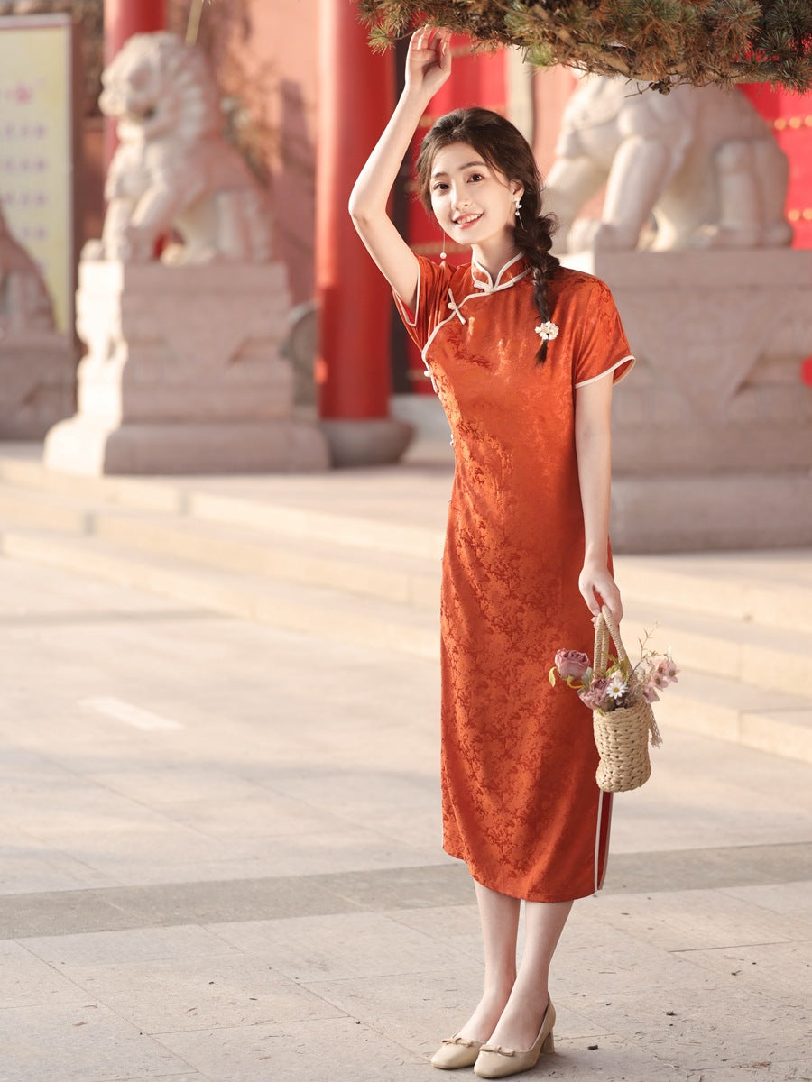 orange chinese dress Floral Embroidery Orange Satin Midi Cheongsam