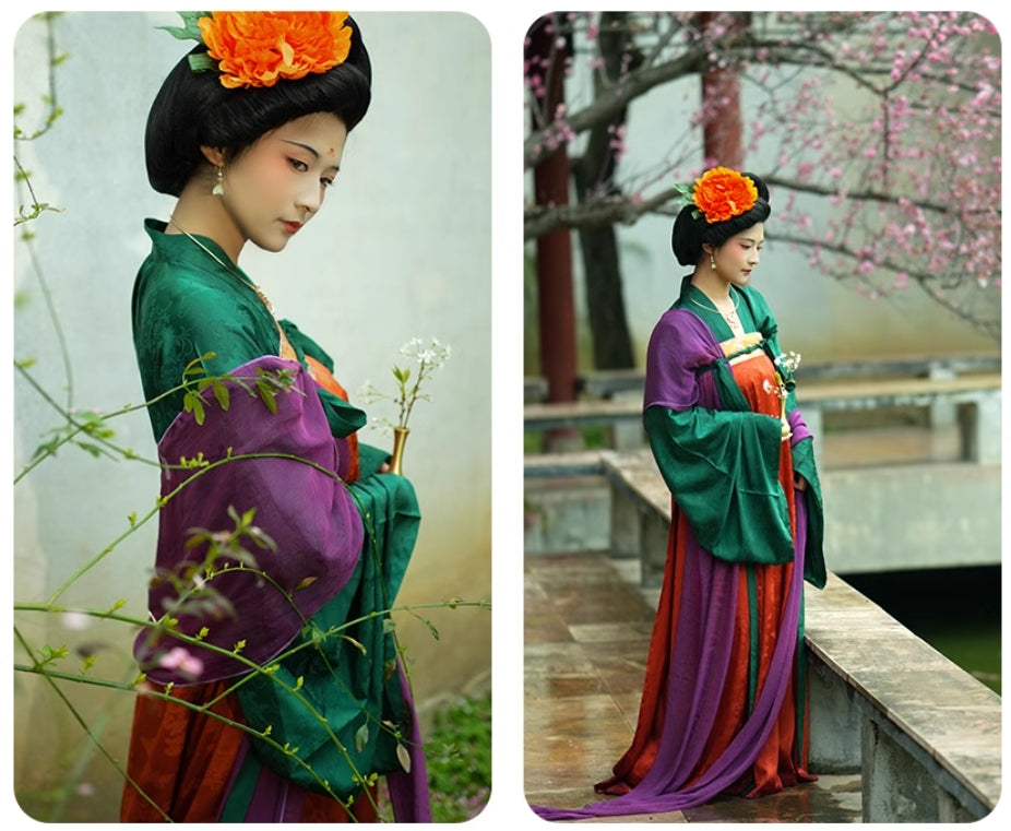 Elegant Red and Green Tang Dynasty Hanfu with Floral Embroidery