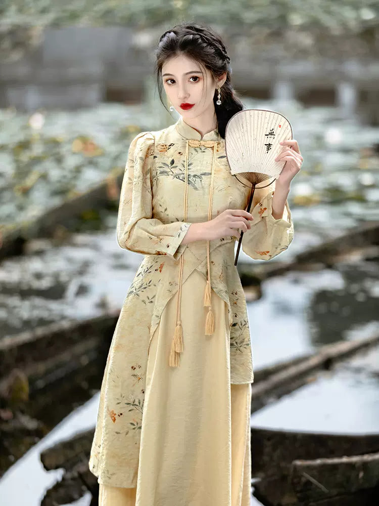 Elegant Beige One Piece Dress- Modern Cheongsam -Han Grace Elegant Beige One Piece Dress- Modern Cheongsam -Han Grace