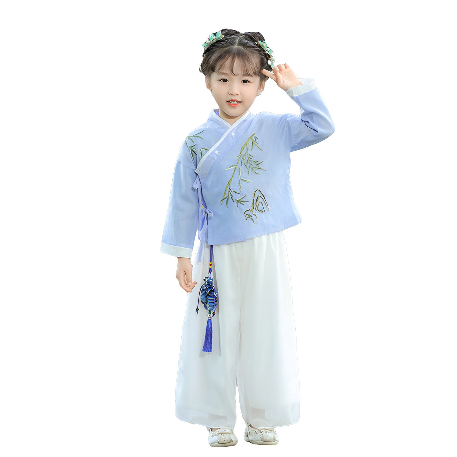 Girls' Bamboo Embroidered Blue & White Hanfu