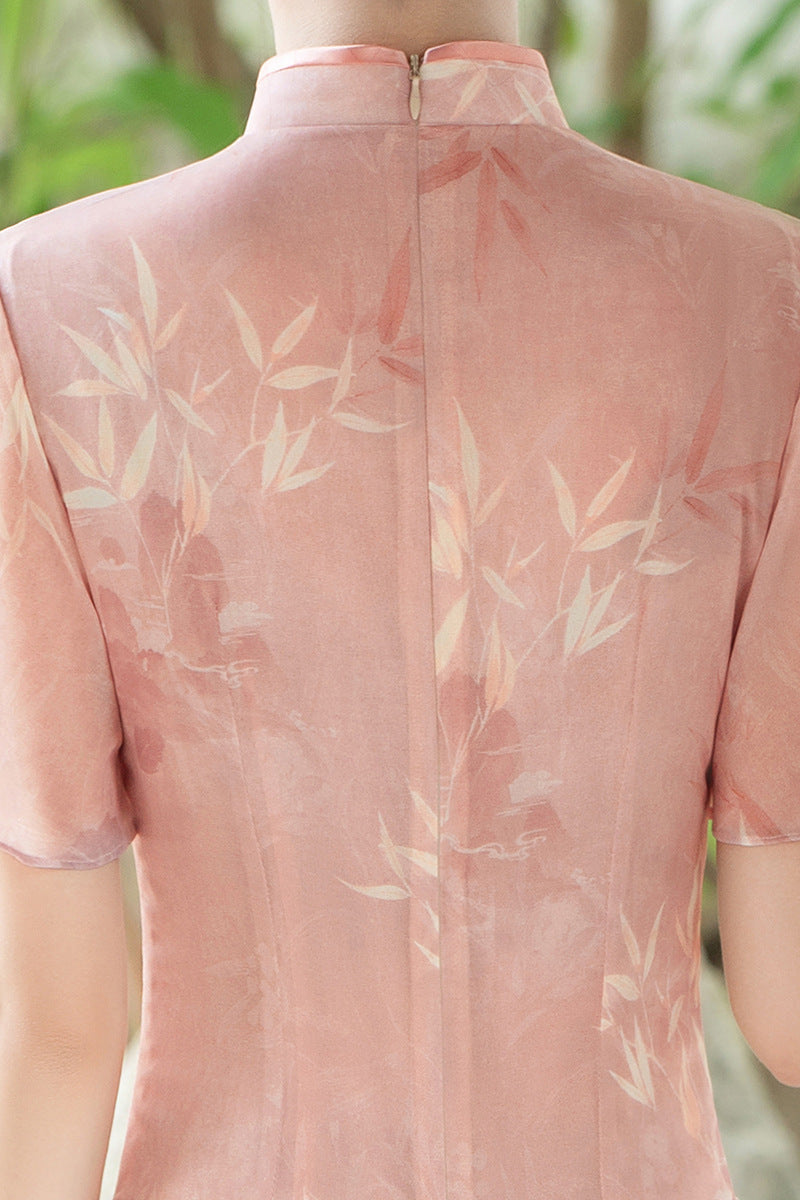 Elegant Bamboo Print Cheongsam Pink Hanfu Dress