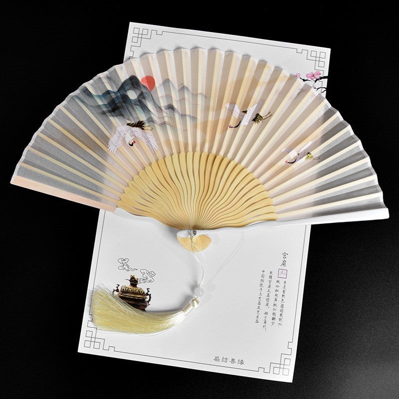 Vintage Crane-Themed Hand Fan with Elegant Tassel