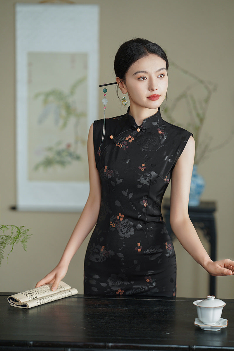 Elegant Black Cheongsam with Floral Patterns