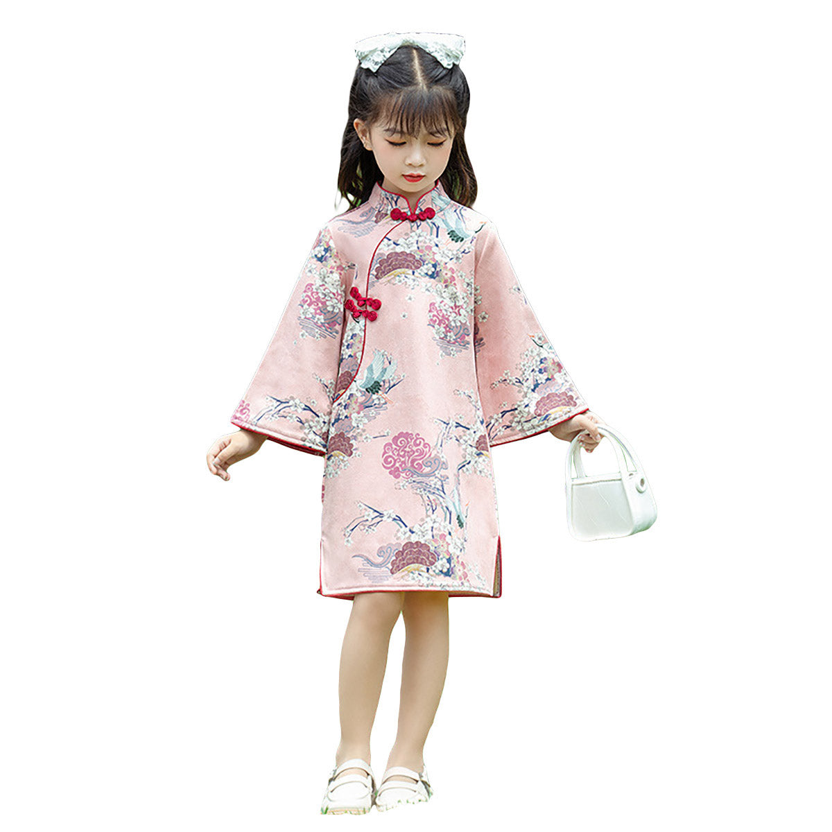 Girls' Long Sleeve Pink Floral Qipao