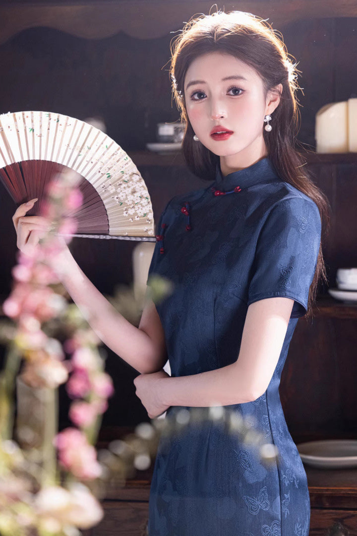 Denim Blue Jacquard Midi Cheongsam Dress | Slim Mandarin Collar