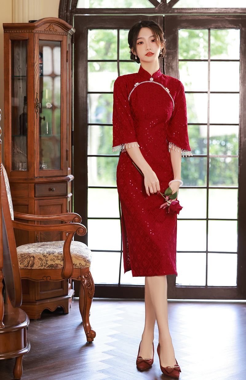 Elegant Red Lace Wedding Cheongsam Dress