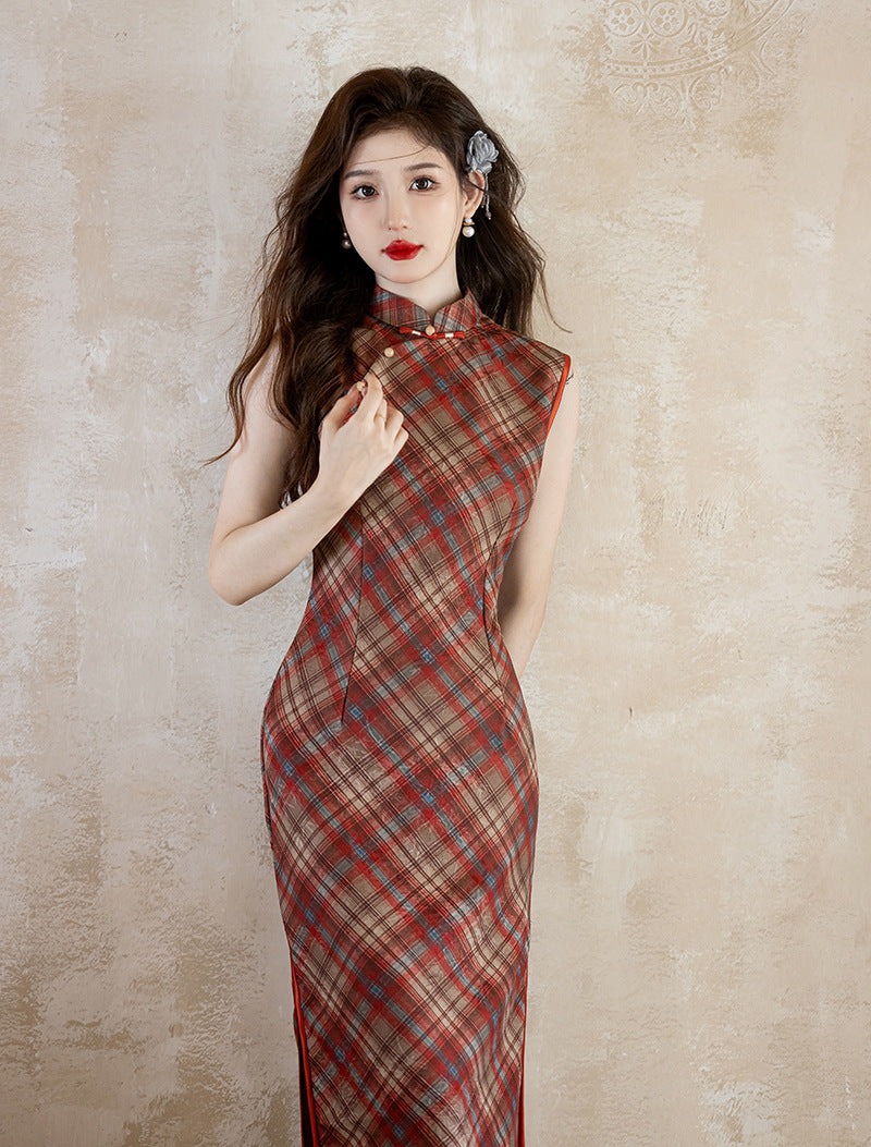 Plaid Cheongsam Dress With Elegant High-Slit Design