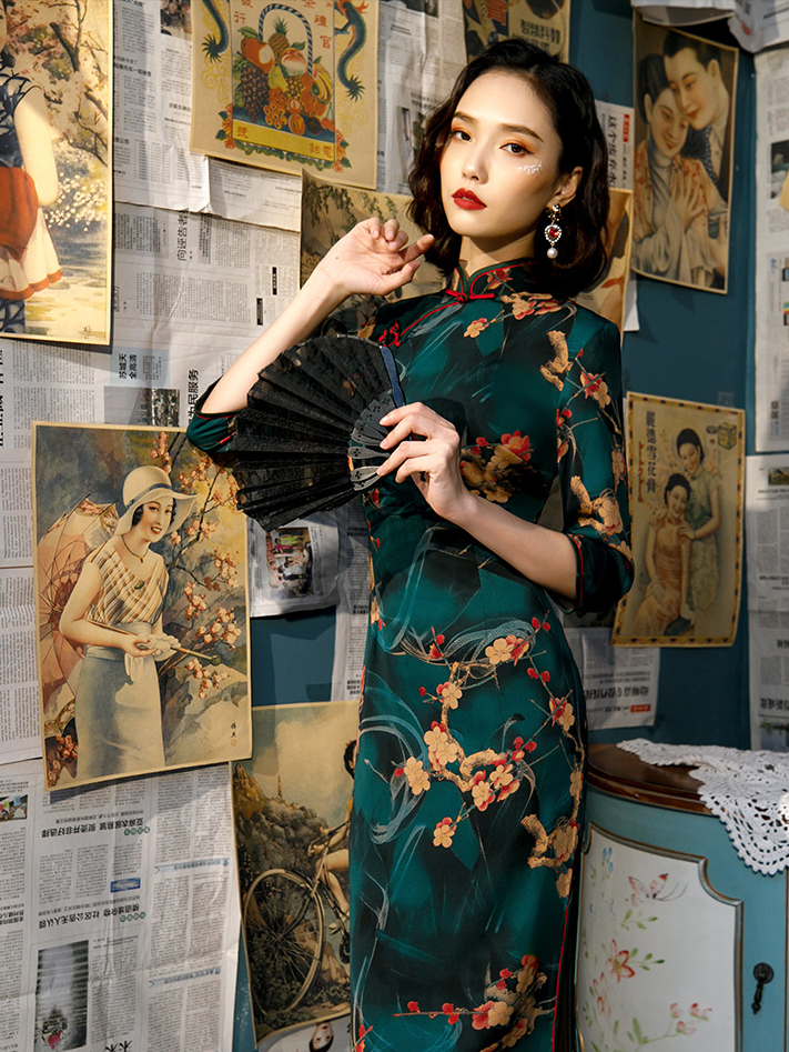 女式复古碎花旗袍