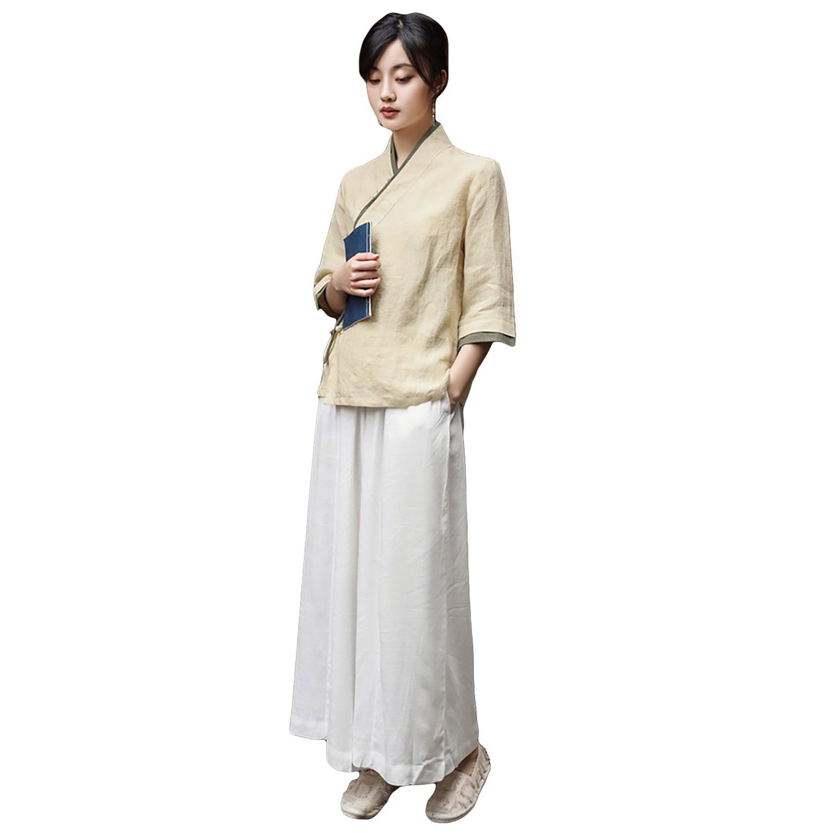 Beige Women's Top and Pants Two Piece Set chinese Hanfu of Taoism Style