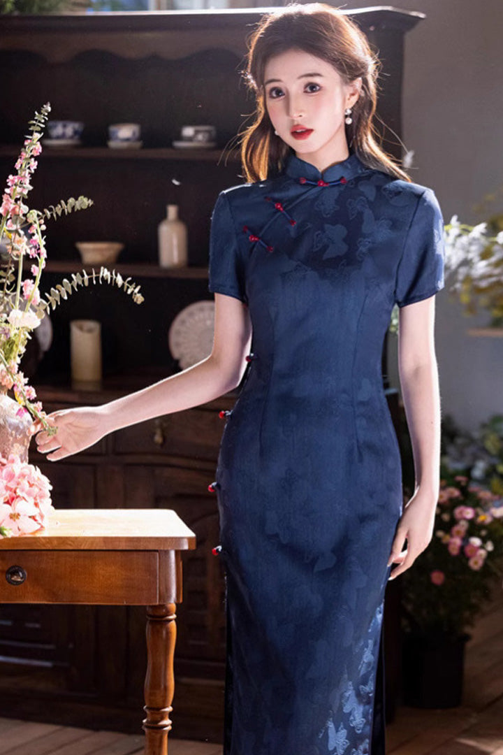Denim Blue Jacquard Midi Cheongsam Dress | Slim Mandarin Collar
