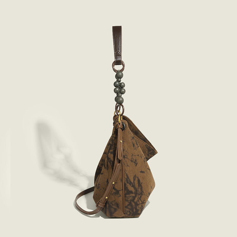 Vintage Style Printed Corduroy Shoulder Bag with Beaded Handle and Adjustable Strap