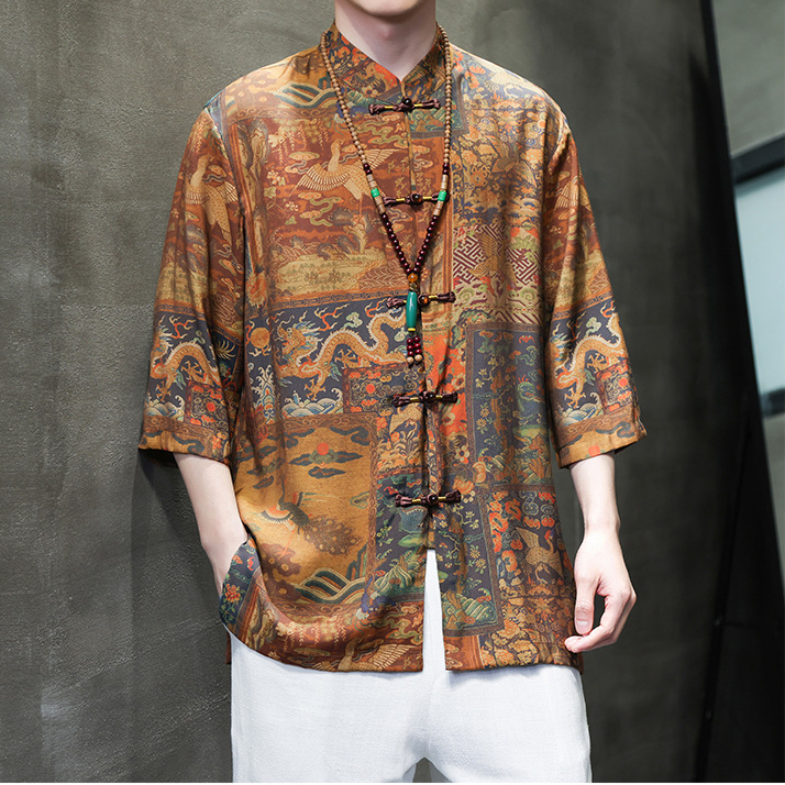 Traditional Men's Casual Shirt With Vintage Oriental Patterns