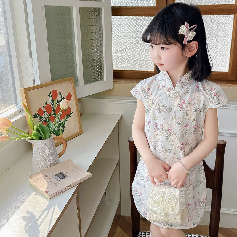 迷人女童碎花旗袍连衣裙