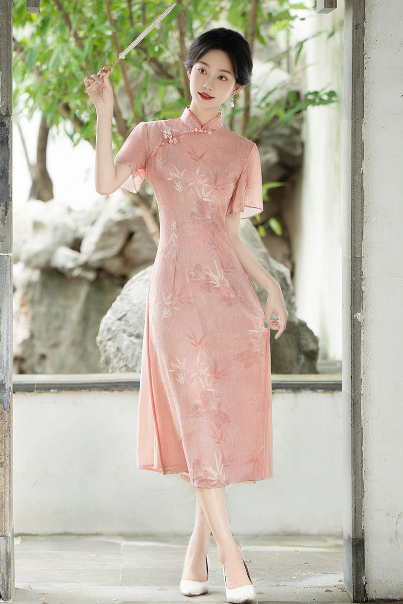 Elegant Bamboo Print Cheongsam Pink Hanfu Dress
