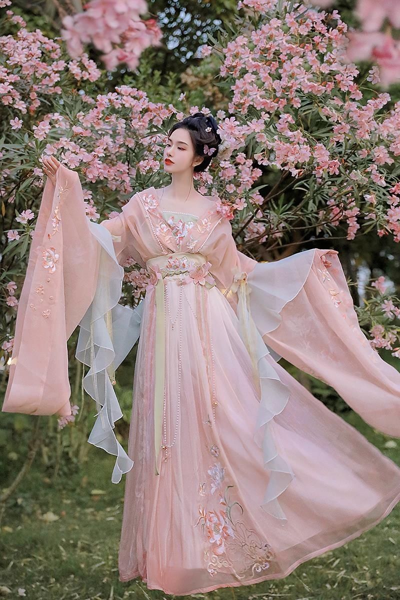 Pink Tang Dynesty Hanfu Dress Traditional Embroidered Floral Design