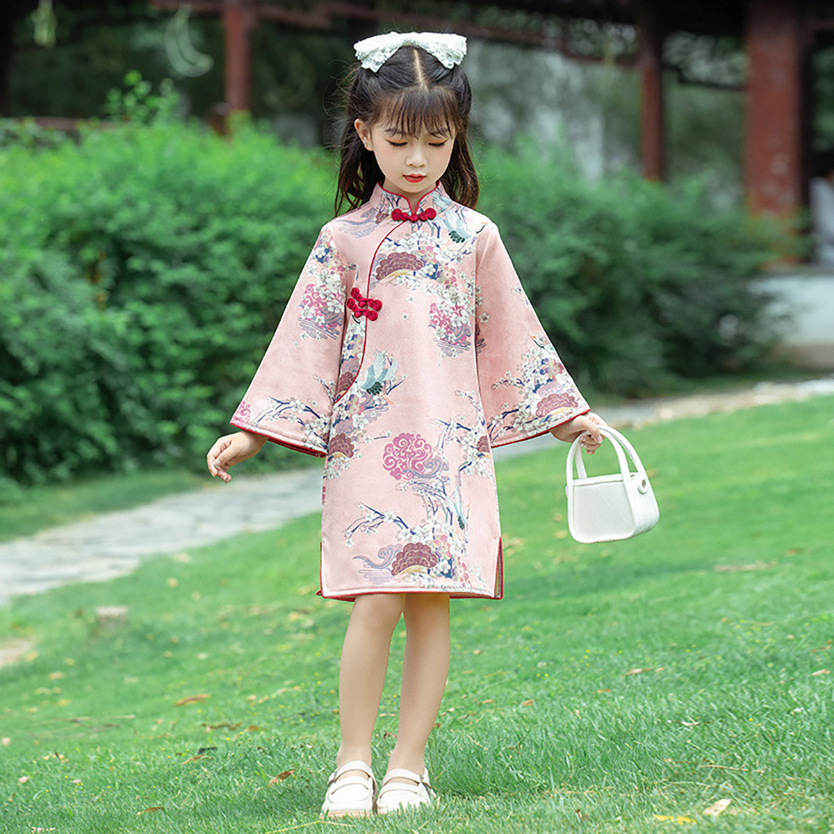 Girls' Long Sleeve Pink Floral Qipao