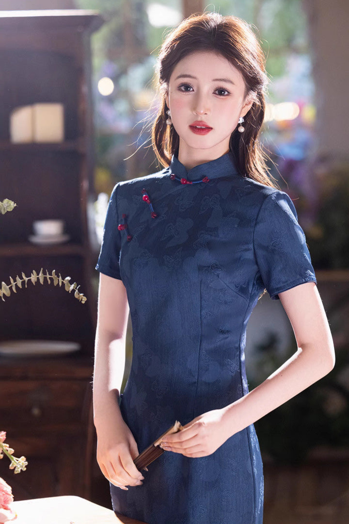 Denim Blue Jacquard Midi Cheongsam Dress | Slim Mandarin Collar