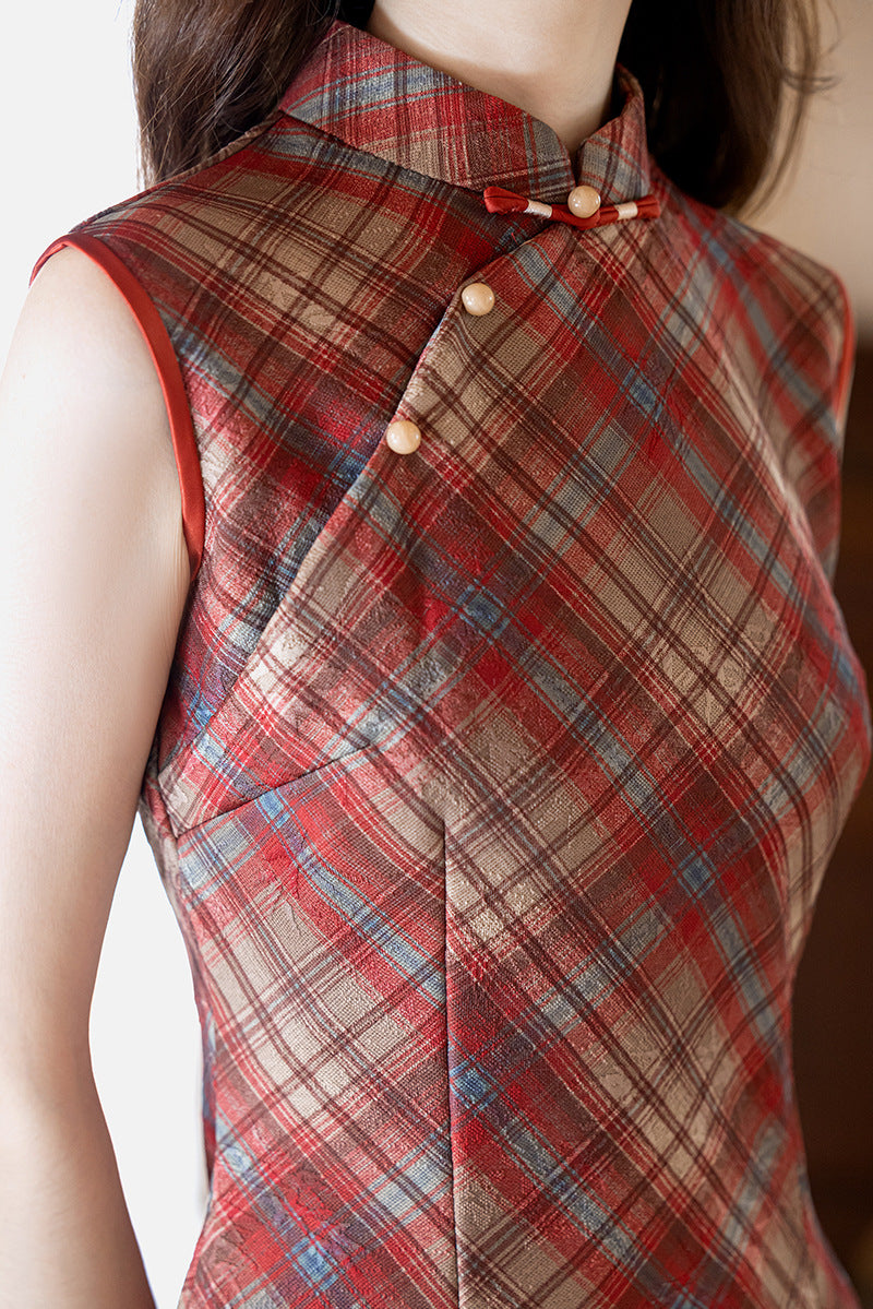 Plaid Cheongsam Dress With Elegant High-Slit Design