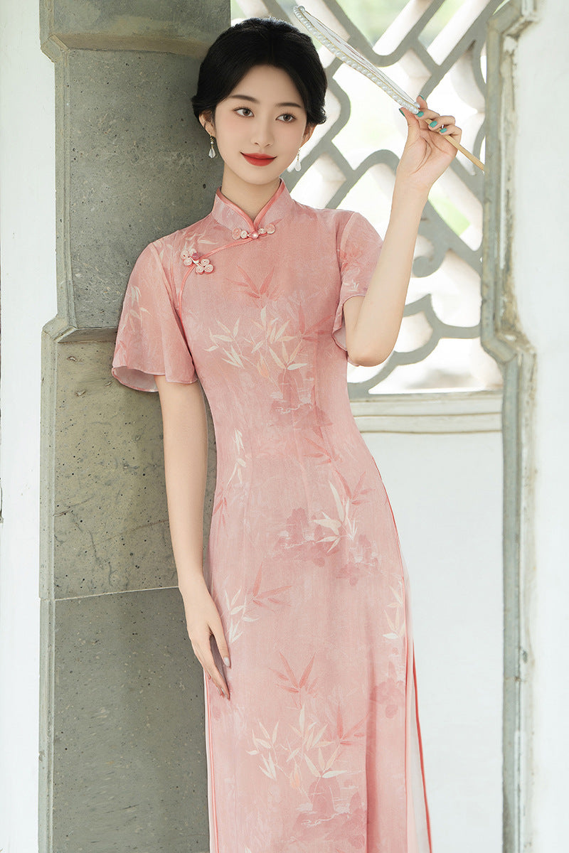 Elegant Bamboo Print Cheongsam Pink Hanfu Dress