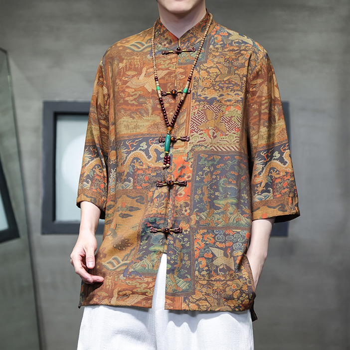 Traditional Men's Casual Shirt With Vintage Oriental Patterns