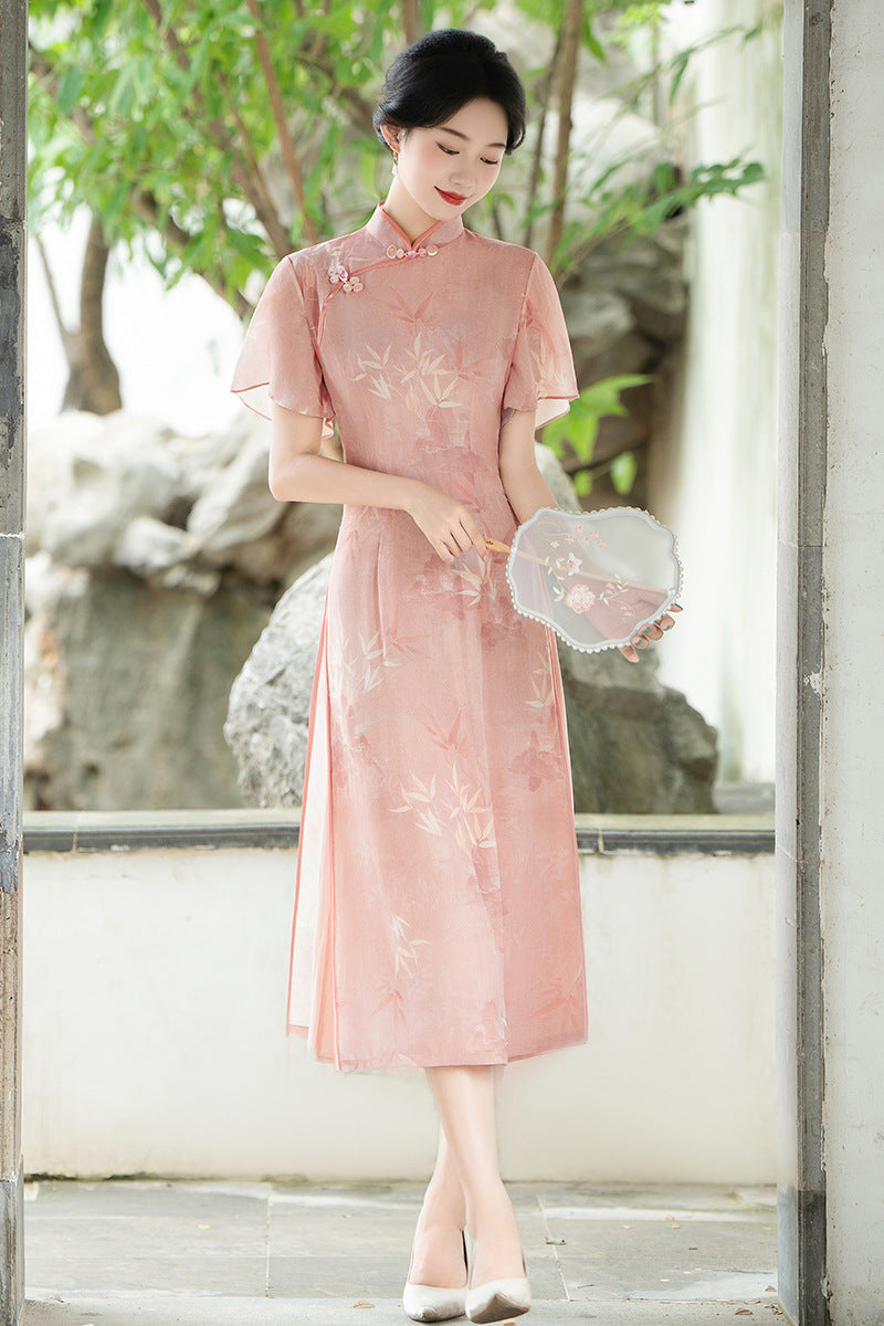 Elegant Bamboo Print Cheongsam Pink Hanfu Dress