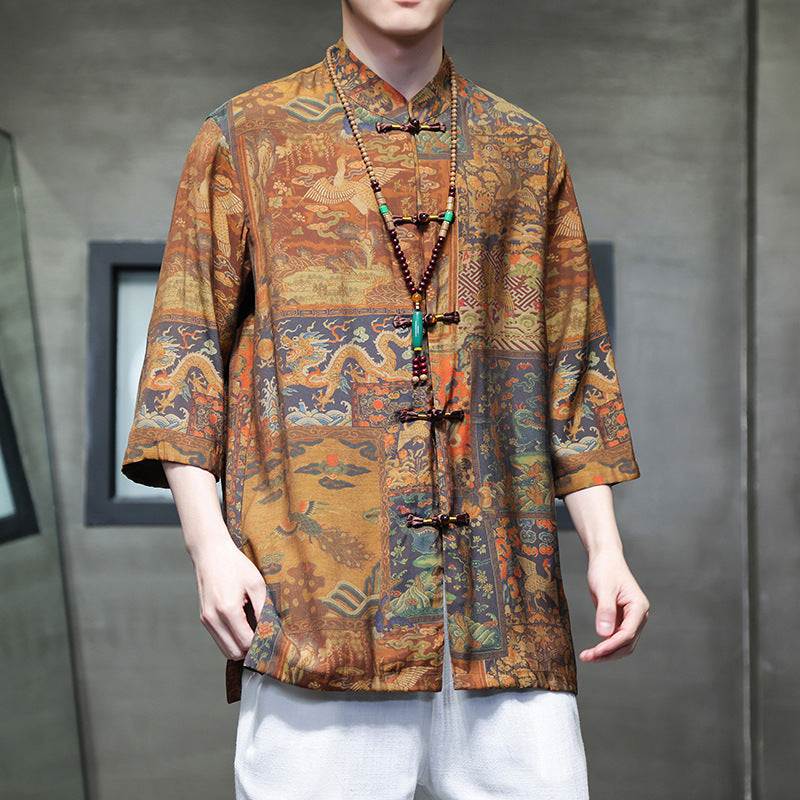 Traditional Men's Casual Shirt With Vintage Oriental Patterns