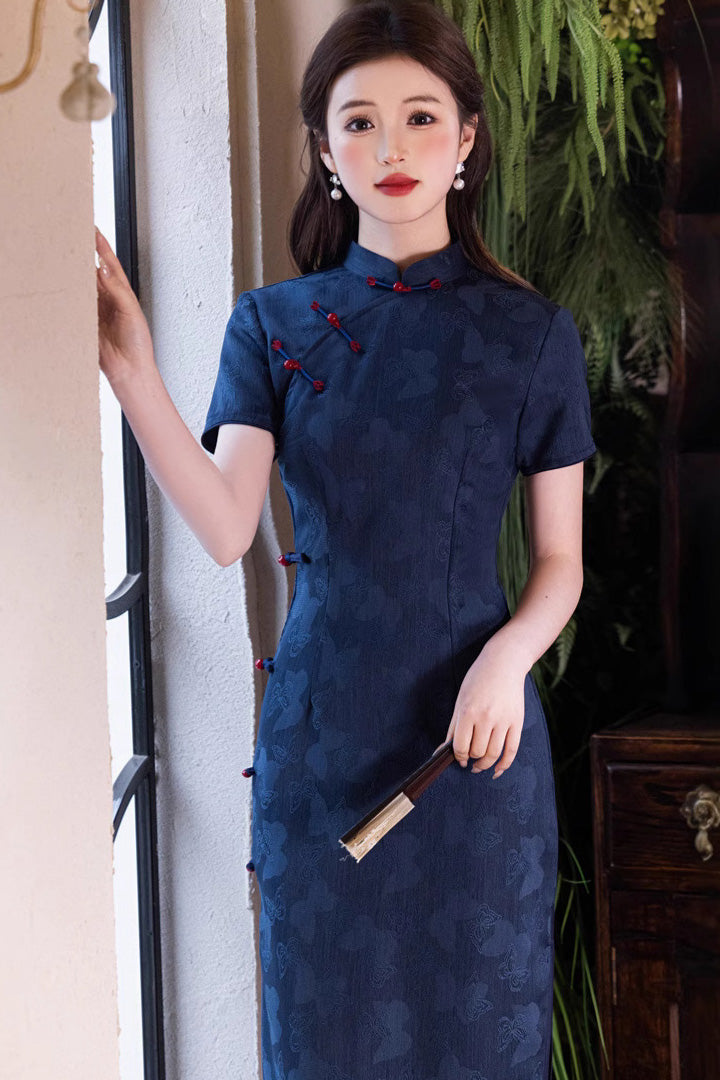 Denim Blue Jacquard Midi Cheongsam Dress | Slim Mandarin Collar