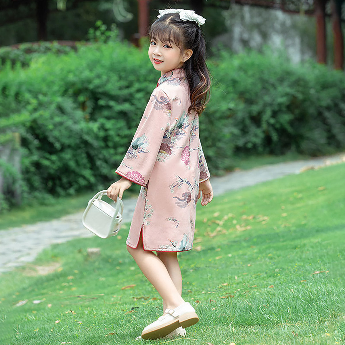 Girls' Long Sleeve Pink Floral Qipao