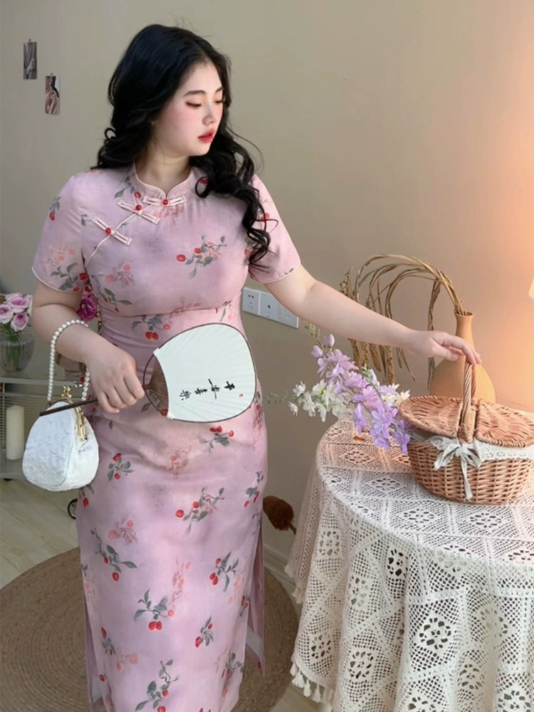 Elegant Pink Cherry Blossom Cheongsam Dress with Delicate Button Detailing