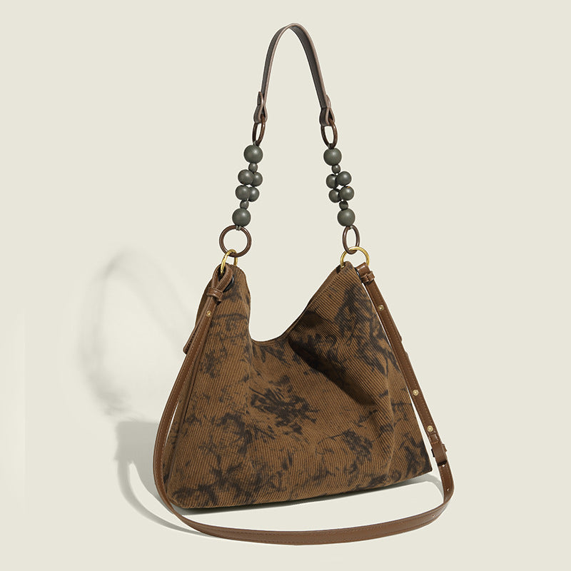 Vintage Style Printed Corduroy Shoulder Bag with Beaded Handle and Adjustable Strap