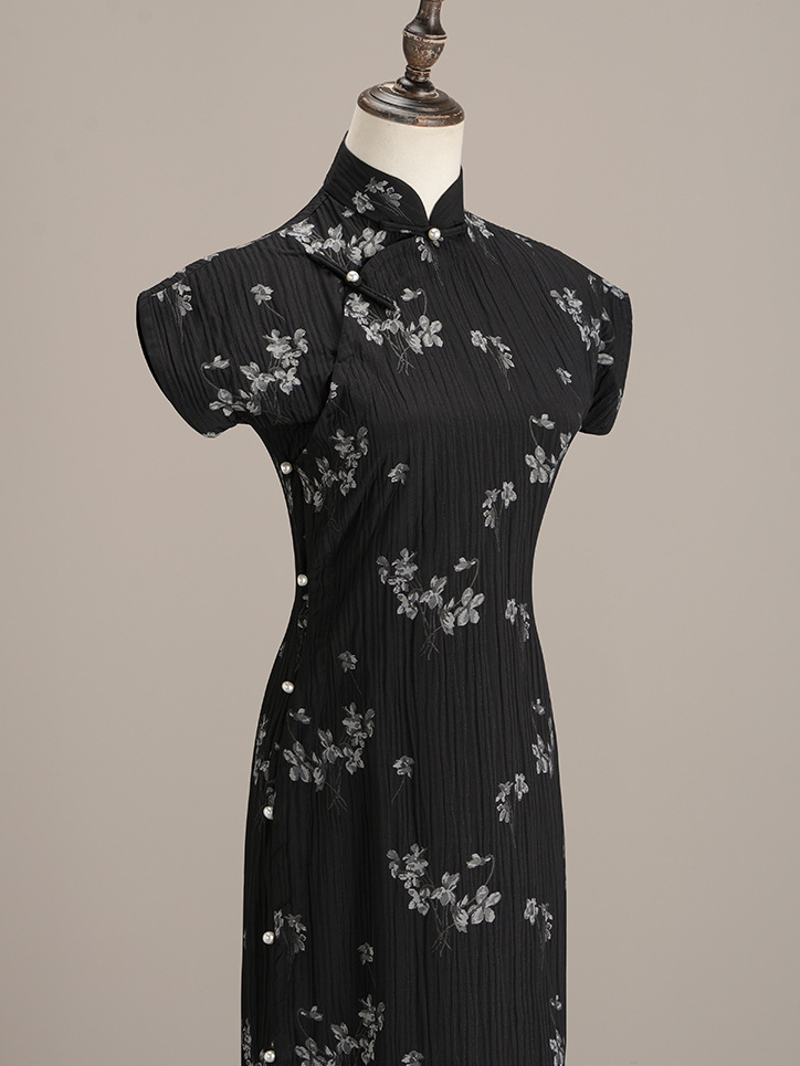 Elegant Black Floral Cheongsam Dress Timeless Style
