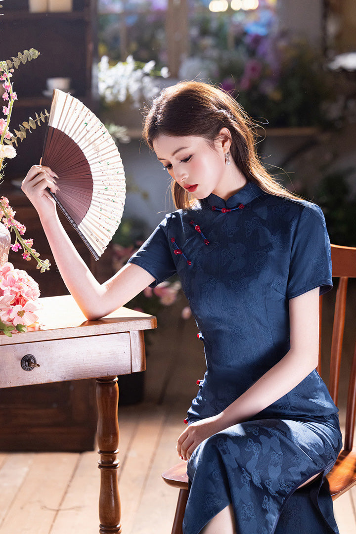 Denim Blue Jacquard Midi Cheongsam Dress | Slim Mandarin Collar