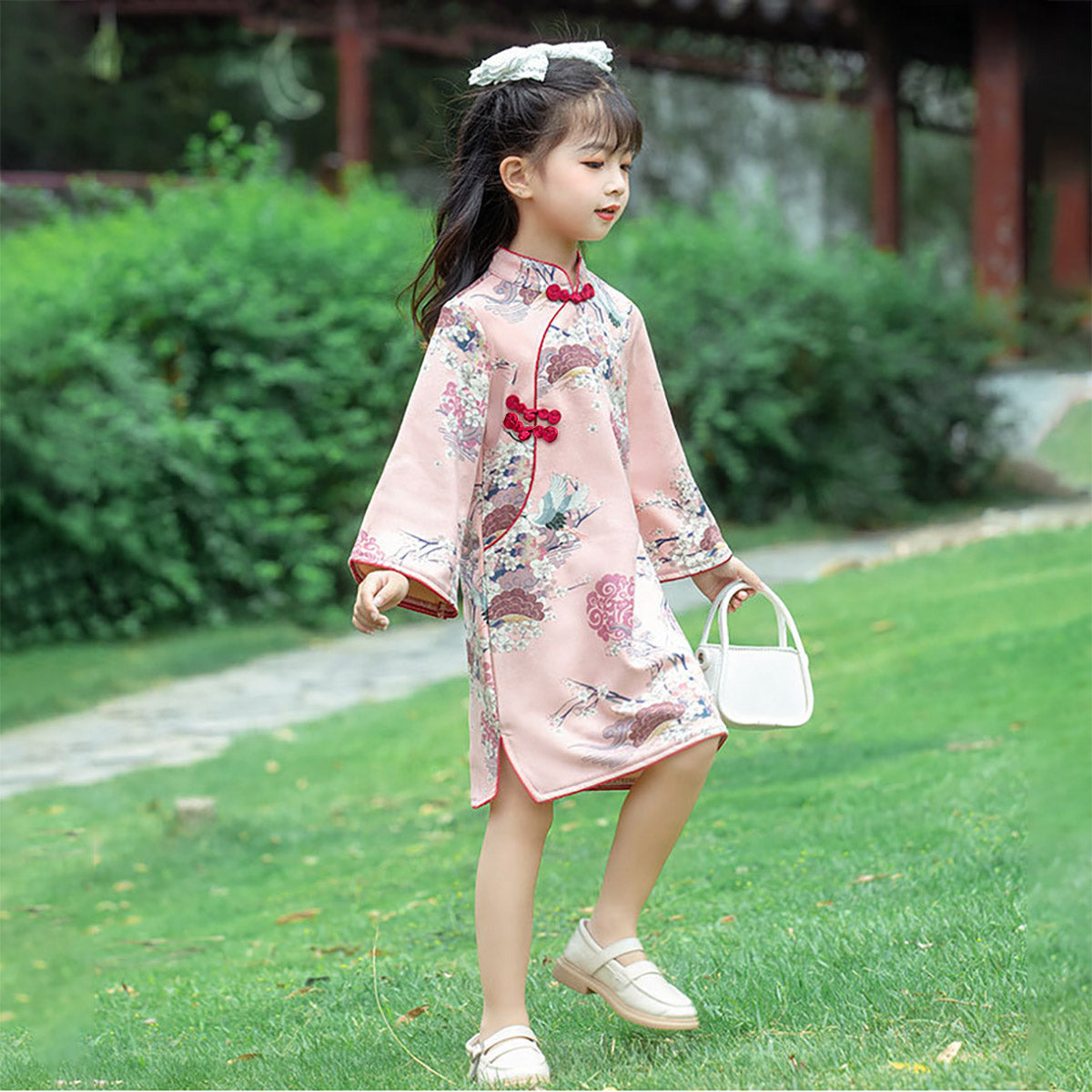 Girls' Long Sleeve Pink Floral Qipao