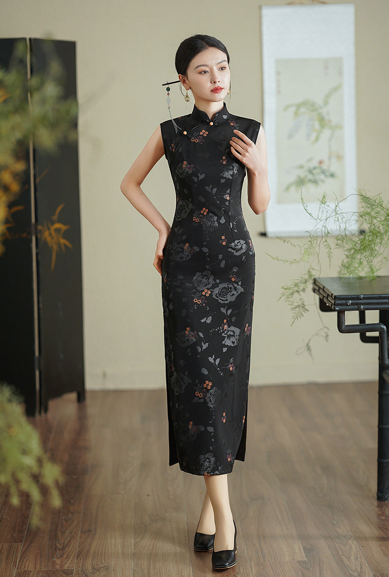 Elegant Black Cheongsam with Floral Patterns