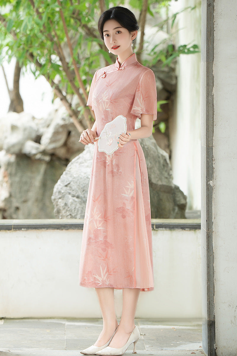 Elegant Bamboo Print Cheongsam Pink Hanfu Dress