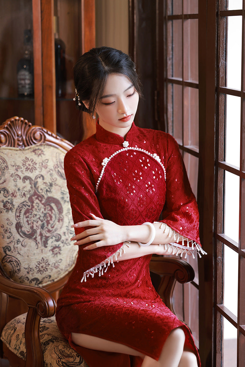 Elegant Red Lace Wedding Cheongsam Dress