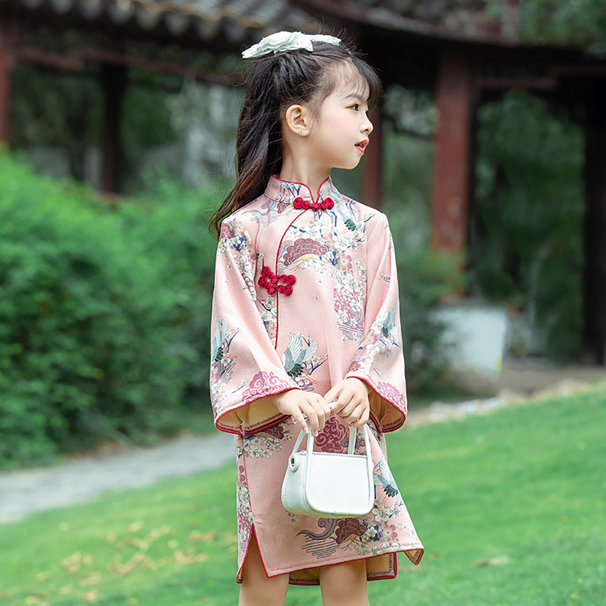 Girls' Long Sleeve Pink Floral Qipao