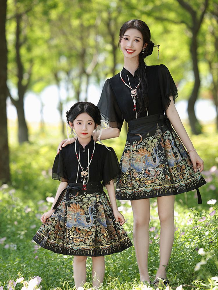 Elegant Black Mother-Daughter Hanfu Dress With Dragon Motif