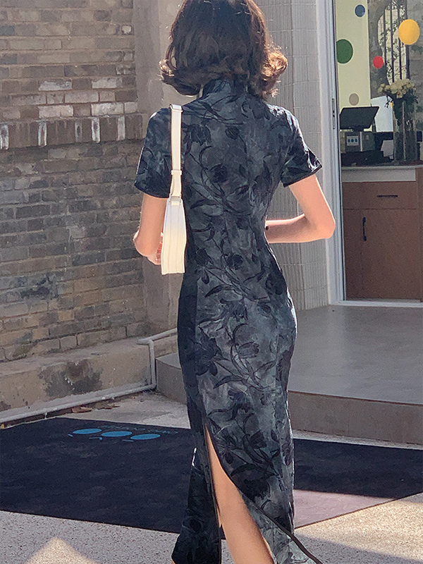 Black Floral Cheongsam Dress Elegant Evening Style