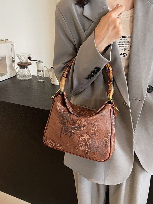 Vintage Bamboo Handle Floral Leather Bag For Hanfu Style