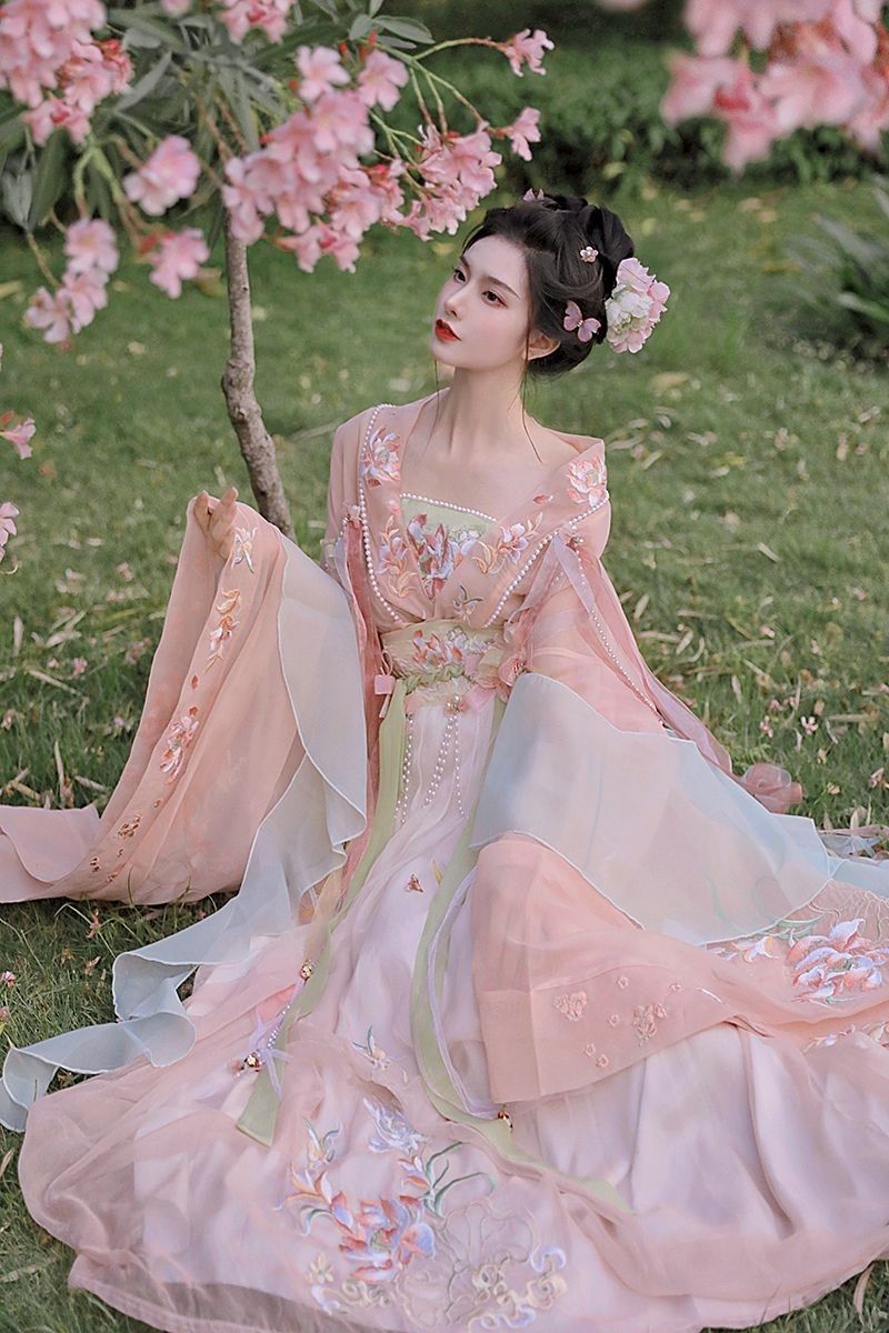Pink Tang Dynesty Hanfu Dress Traditional Embroidered Floral Design