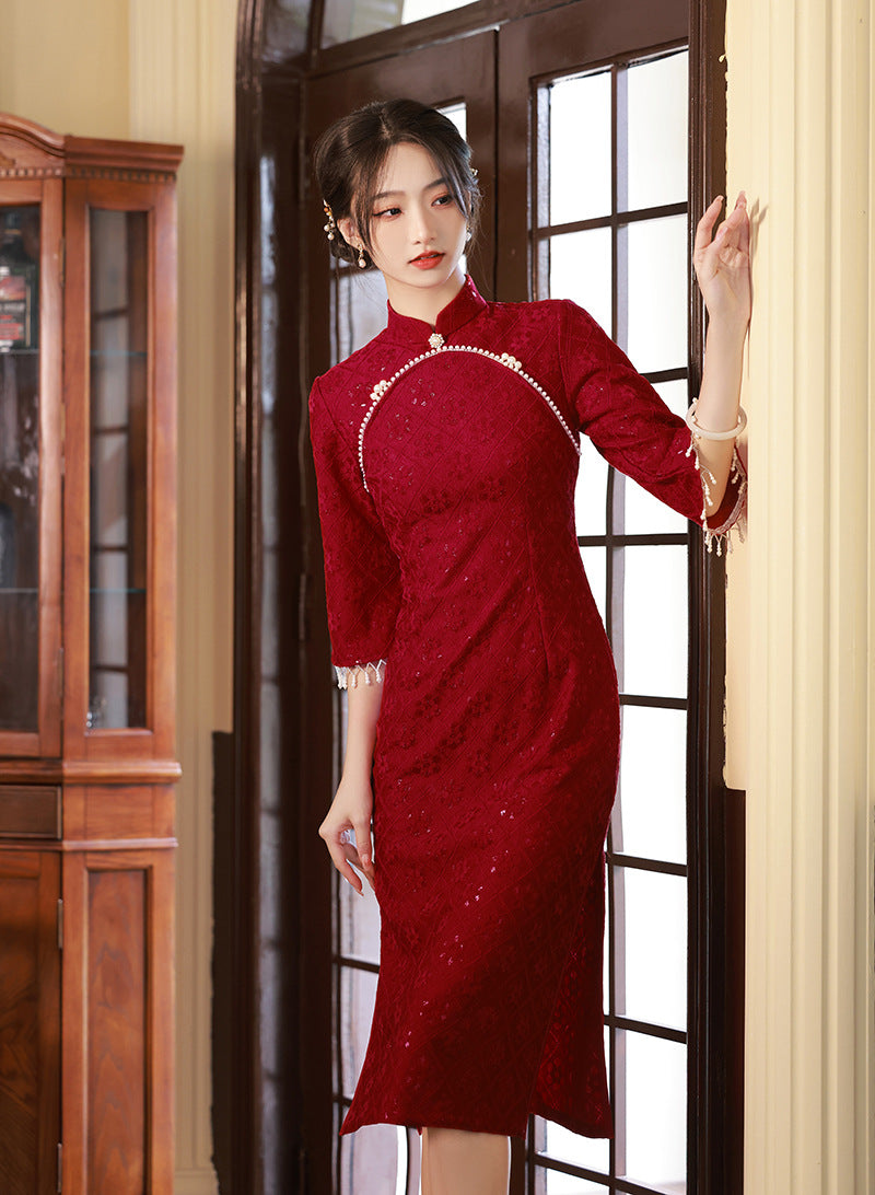 Elegant Red Lace Wedding Cheongsam Dress