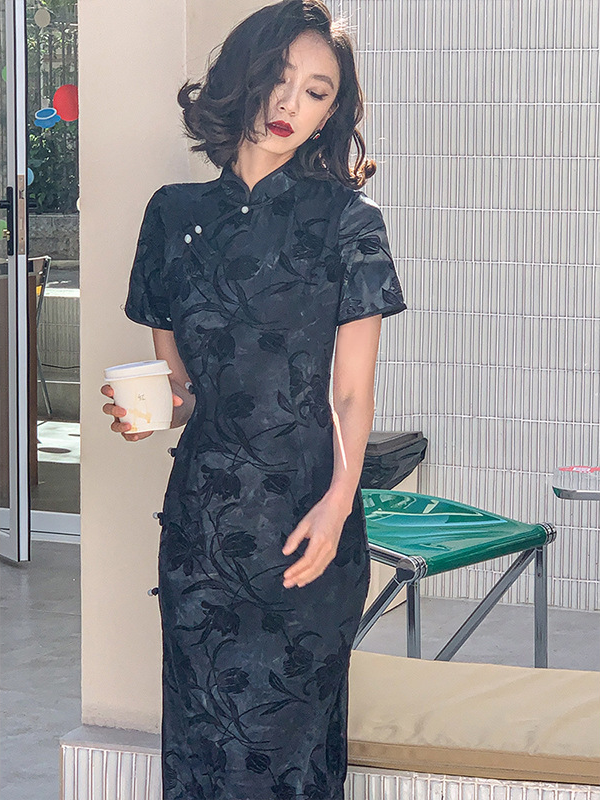 Black Floral Cheongsam Dress Elegant Evening Style