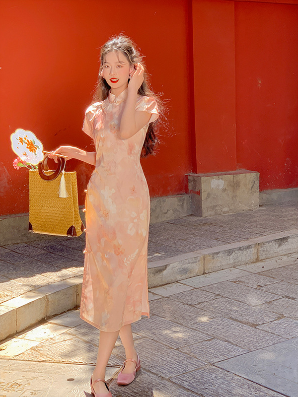Pink Floral Satin Cheongsam Dress Elegant & Feminine