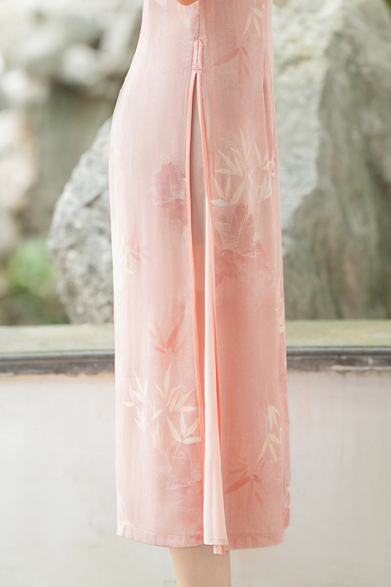 Elegant Bamboo Print Cheongsam Pink Hanfu Dress
