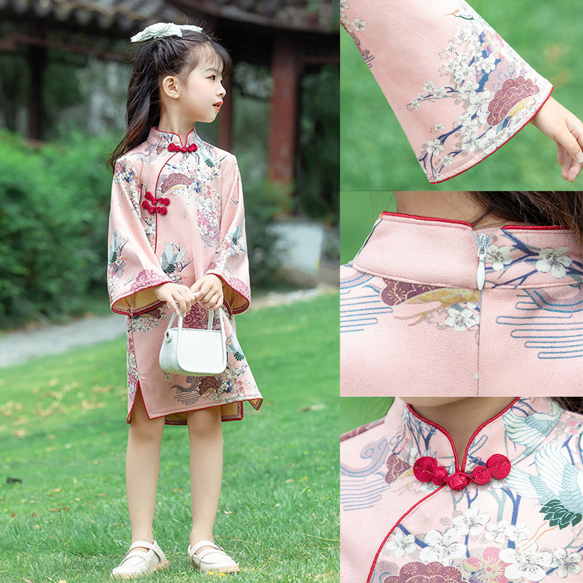 Girls' Long Sleeve Pink Floral Qipao