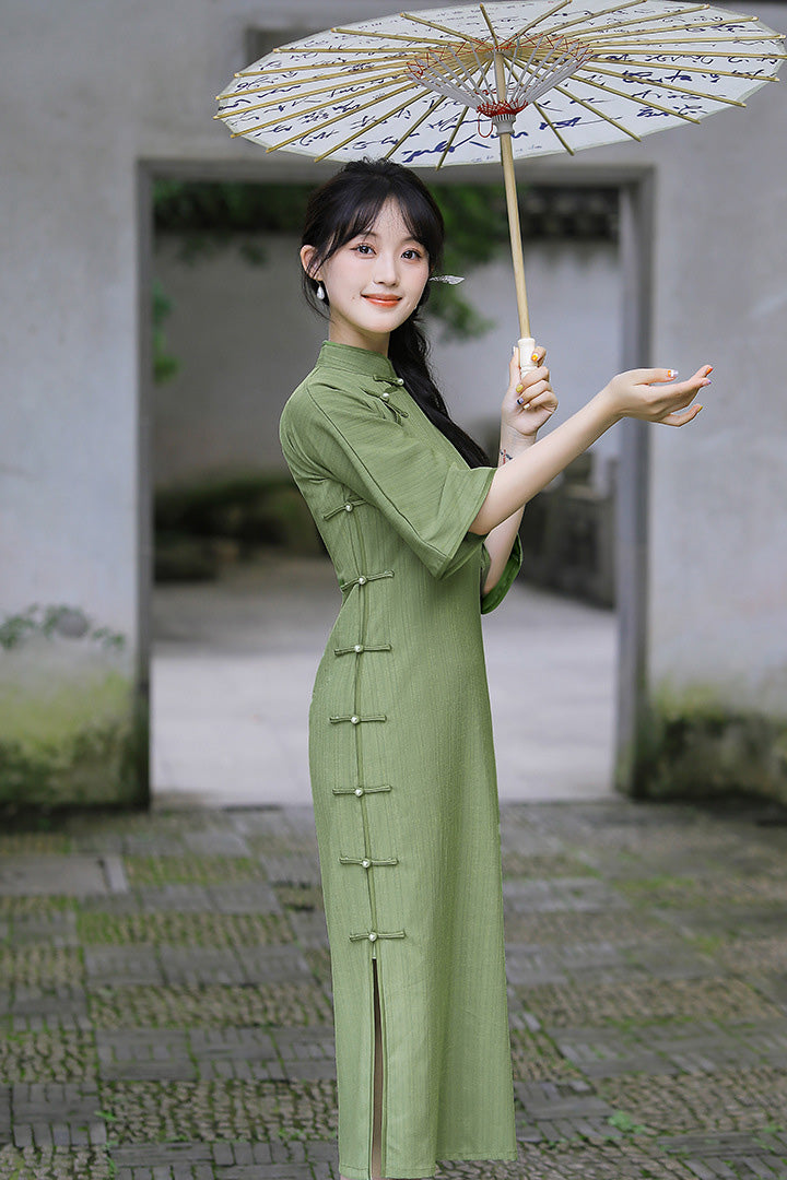 Autumn Full-Button Qipao | Side Frog Button Vintage Slim Cheongsam