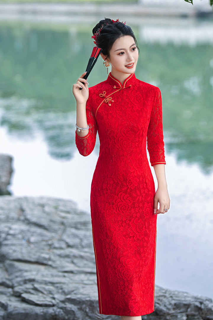 Autumn Red Lace Long Qipao Cheongsam | Elegant Hollow Seven-Sleeve Chinese Dress