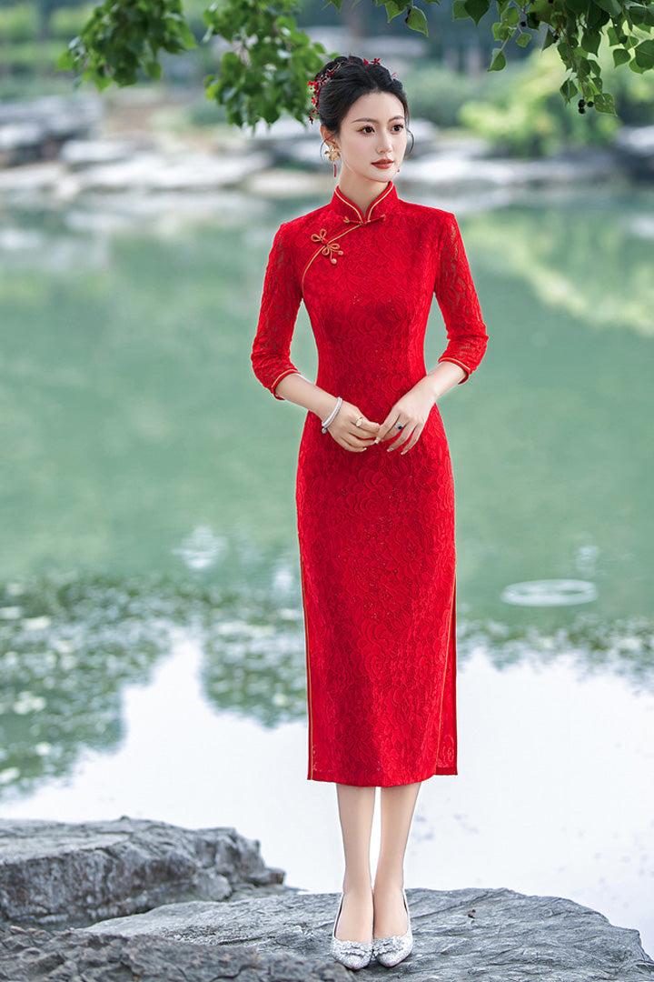 Autumn Red Lace Long Qipao Cheongsam | Elegant Hollow Seven-Sleeve Chinese Dress